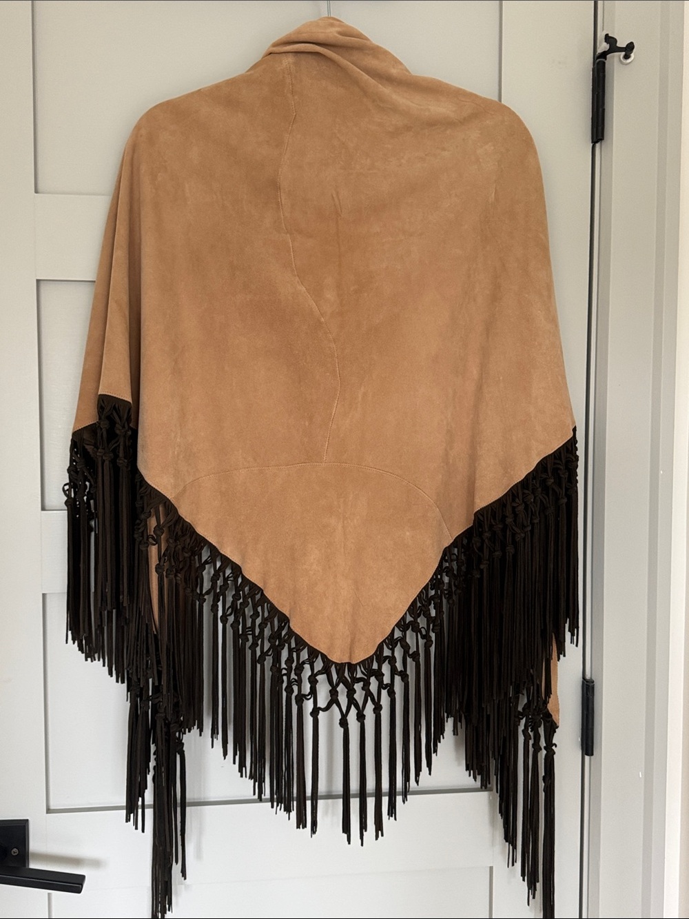 Suede Fringe Shawl Wrap in Tan with Dark Brown Fringe